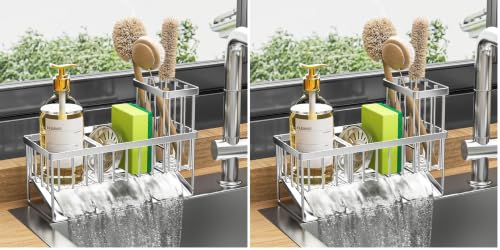 Cisily Sink Caddy Sponge Holder for Kitchen, 304 Stainless Steel Rustproof, Kitchen Sink Caddy with High Brush Holder, Dish Sponge Organizer with Divider(Silver) (Pack of 2) - color: Silver, size: 9.25″ (Pack of 2)