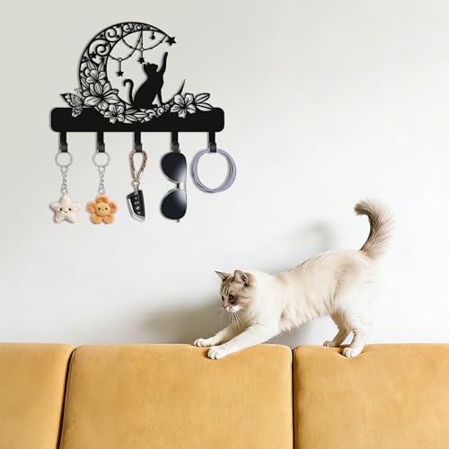 Cat Key Holder for Wall, Cat on Moon Entryway Decorative Key Hooks | Cat with floral moon & star design, 6 hooks 13.4" x 9.5", for keys, entryway, cute storage & wall decor gift.