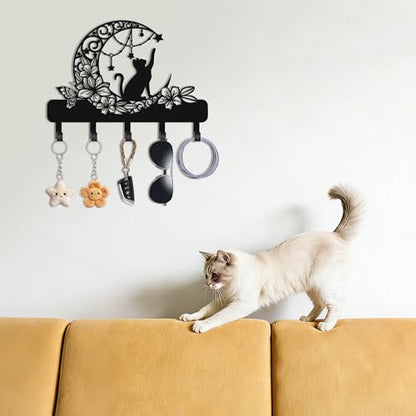 Cat Key Holder for Wall, Cat on Moon Entryway Decorative Key Hooks | Cat with floral moon & star design, 6 hooks 13.4" x 9.5", for keys, entryway, cute storage & wall decor gift.