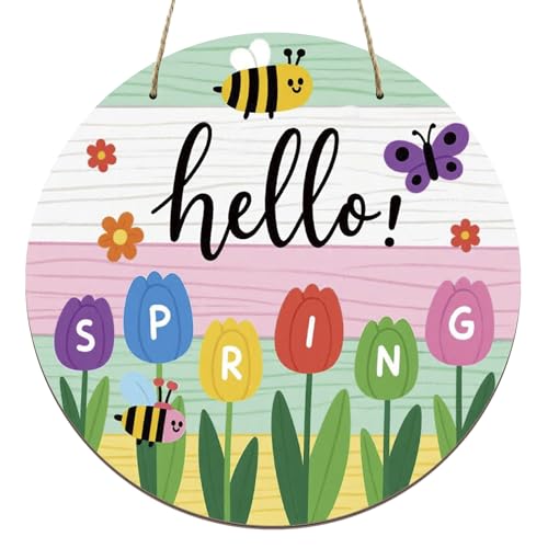 Hello Spring Sign Colorful Tulip Flowers Spring Wreath | Sign for Front Door Welcome Spring Door Sign Farmhouse Spring Decorations for Home Wreath Wall Porch Indoor Outdoor