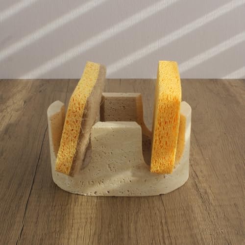 Natural Travertine Marble 2-Slot Sponge Holder for Kitchen Counter, 2-in-1 Stone Drying Rack, Sponge Caddy for Sink Organizer - Beige Travertine - color: Beige Travertine