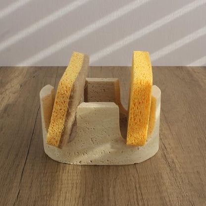 Natural Travertine Marble 2-Slot Sponge Holder for Kitchen Counter, 2-in-1 Stone Drying Rack, Sponge Caddy for Sink Organizer - Beige Travertine - color: Beige Travertine