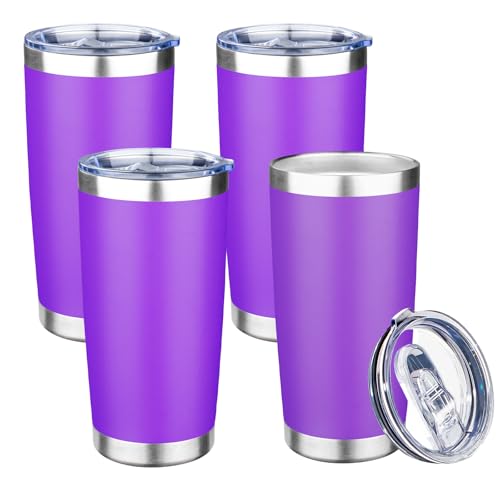 20oz Tumbler with Lid Double Wall Vacuum Insulated Travel Coffee Mug Stainless Steel Thermal Cup Powder Coated Sturdy Coffee Tumbler Bulk for Hot and Cold Beverage (Purple,4) - color: Purple, size: 20 Ounces (4 Pack)