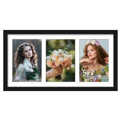 DUENPY 8x16 Collage Picture Frame, 5x7 Collage Picture Frame Displays Three 5x7 inch Photos, or 8x16 (Without Mat) for Available Horizontal Wall Mounting Display and Vertical, Black. | Wall Mount Display, Horizontal & Vertical, 8x14 (Without Mat) Photo Fr