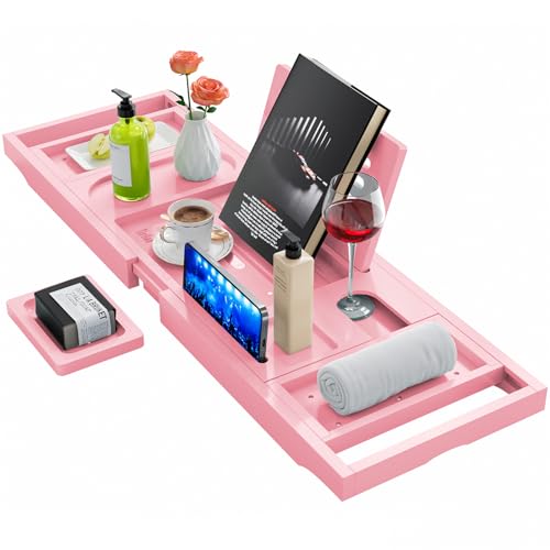 Premium Bathtub Tray Caddy, Expandable Bath Tray, Unique House Warming Gifts, New Home, Anniversary and Wedding Gifts for Couple, Pink - color: Pink