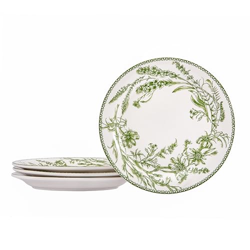 Bico Green Garden Toile De Jouy Salad Plates Set of 4, 8.75 Inch Ceramic Dessert Plates for Salad, Appetizer, Side Dishes, Microwave and Dishwasher Safe, Gift for Housewarming and Thanksgiving - color: Green Garden Toile De Jouy