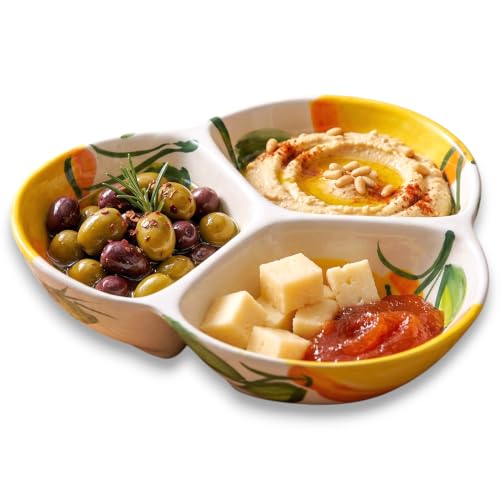 3-Compartment Ceramic Serving Dish, Handmade in Spain | 7.5” divided chip and dip bowl with lead-free glaze, microwave, oven and dishwasher safe, ideal for tapas, snacks and sauces - color: Sunny Lemon