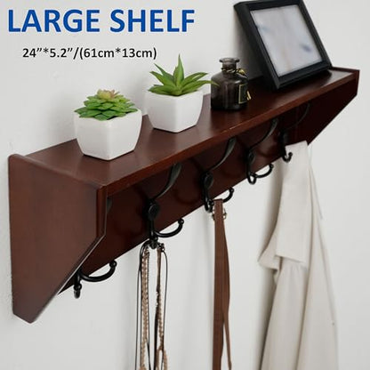 WEBI Coat Rack Wall Mount with Shelf,24" Long Wall Shelf with Hooks Underneath,5 Triple Hooks for Entryway,Hallway,Bedroom,Cherry - color: Cherry, size: 24 Inch