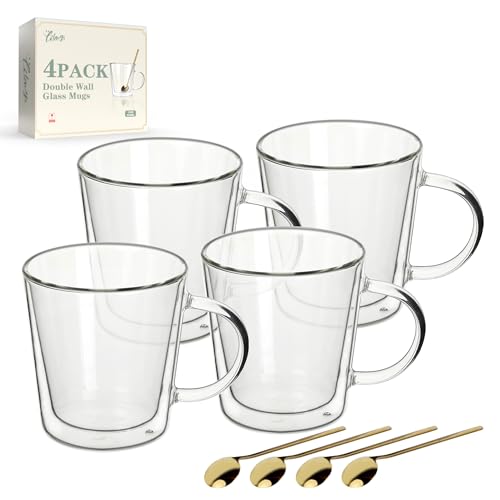LIBWYS 12oz Double Wall Glass Coffee Mugs, Cappuccino Latte Tea Cups with Handle, Heat Resistant Borosilicate Insulated Clear Glasses (Set of 4) - size: 4x12oz coffee mugs