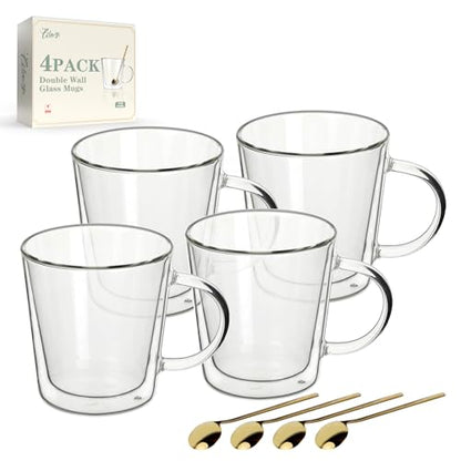 LIBWYS 12oz Double Wall Glass Coffee Mugs, Cappuccino Latte Tea Cups with Handle, Heat Resistant Borosilicate Insulated Clear Glasses (Set of 4) - size: 4x12oz coffee mugs