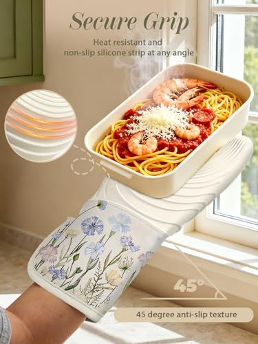 Slohif Long Silicone Oven Mitts Heat Resistant for Women - 2 Pcs Beige Wild Flowers 100% Cotton Oven Gloves, Non-Slip and Waterproof Silicone Oven Mitts with Hanger for Baking and Cooking - color: White Blue