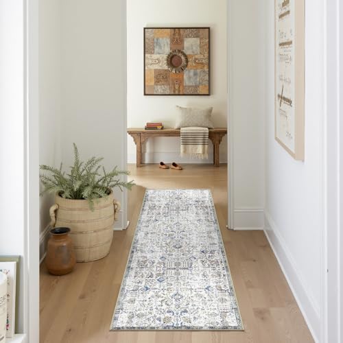 jinchan Distressed Vintage Medallion Runner, 2x5 Blue, Washable Non Slip | Distressed Finish, Low Profile, Soft Comfort, Easy Care, Pet Friendly, Entryway Kitchen Sink Laundry Room Bathroom Decor - color: Vintage Blue Multi, size: 2' x 5' (Rectangular)