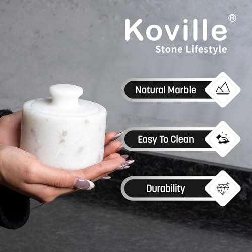 Marble Salt Cellar with Lid 3.5" White, Stone Pepper Container & Spice Jars for Kitchen, Marble Salt and Pepper Holder, Stone Storage Box for Kitchen Counter, Spice Jar(Namib Fantasy White) - color: White