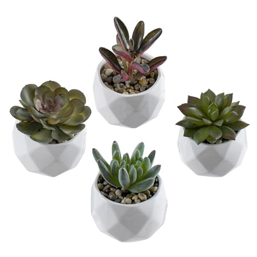 MyGift Mini Artificial Succulents White Ceramic Pots Set of 4 Indoor Plants | Lifelike Greenery, Geometric Design, Ready to Display, Maintenance Free Décor, Modern Home Accent, Realistic Foliage - color: White (Set of 4)