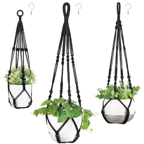 Mkono 3 Pack Macrame Plant Hangers Hanging Planters for Indoor Plants Black | 3 Sizes 35"/29"/23" Hanging Plant Holder Basket with Beads, Boho Home Decor for Patio Balcony Living Room, Pots Not Included - color: Black, size: Medium