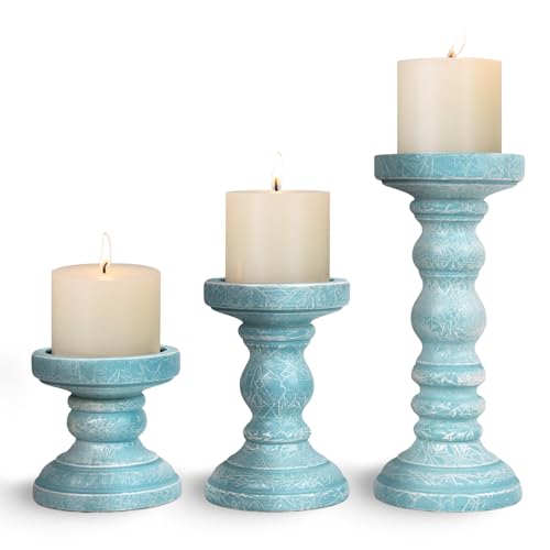 Candle Holder for Pillar Candle Set of 3, Ocean Themed Beach Decor Candle Holders, Coastal Farmhouse Nautical Rustic Decorations for Bathroom, Living Room, Dining Room and Office, Blue - color: Blue