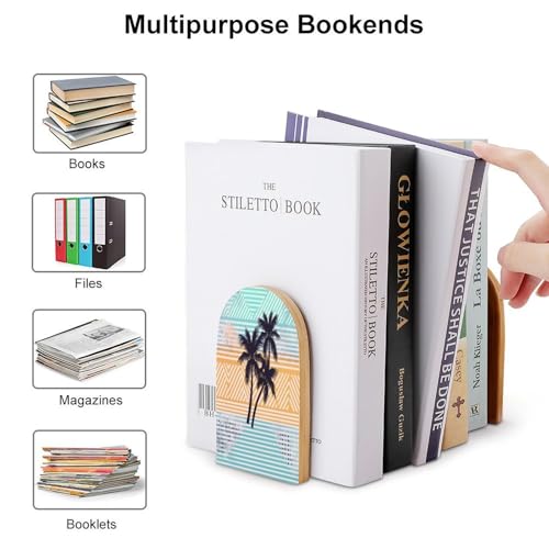Palm Tree Geometric Pattern Bookends Wooden Bookend with Metal Base Non-Slip Book Stopper Heavy Duty Wood Book End Modern Bookends for Shelves for Bookshelf Office Supplies 1 Pair