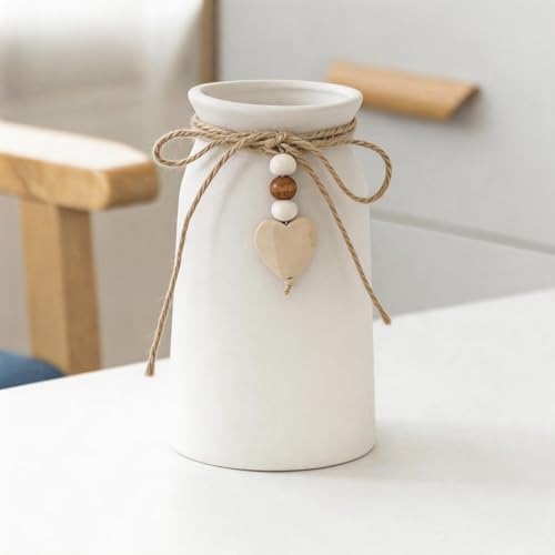 Rustic 6-Inch Ceramic Vase with Jute Rope & Heart Charm for Home Décor, White Flower Vase for Table Centerpieces and Gifts, Ideal for Living Room, Bedroom, and Office - style: Rustic