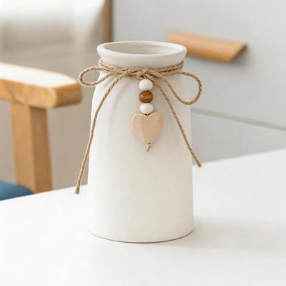 Rustic 6-Inch Ceramic Vase with Jute Rope & Heart Charm for Home Décor, White Flower Vase for Table Centerpieces and Gifts, Ideal for Living Room, Bedroom, and Office - style: Rustic
