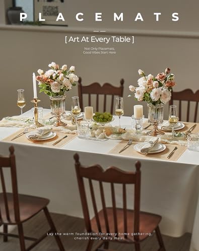 Leetaltree Woven Vinyl Placemats Set of 8, Gold Sequin | Waterproof & Washable Dining Table Mats for Wedding, Anniversary, Daily Use, Hand-Cut, Easy to Clean - color: 00- Gold Sequin, size: Set of 8