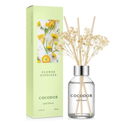 COCODOR Flower Reed Diffuser Set / 3.4oz / April Breeze/Scent Diffuser with Sticks Home Fragrance Reed Diffuser for Bathroom Shelf Decor - size: Flower/3.4Ounce