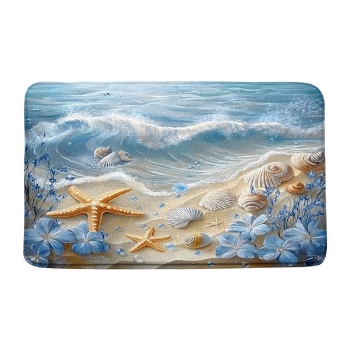 Nautical Coastal Bath Mat Beach Starfish Seashell Blue Flower Ocean Waves Marine Life Modern Microfiber Memory Foam Bathroom Rug Doormat Kitchen Toilet Floor Rug - size: 17.8x29.5Inch(45x75cm)