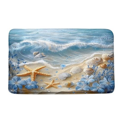 Nautical Coastal Bath Mat Beach Starfish Seashell Blue Flower Ocean Waves Marine Life Modern Microfiber Memory Foam Bathroom Rug Doormat Kitchen Toilet Floor Rug - size: 20x32Inch(50x80cm)