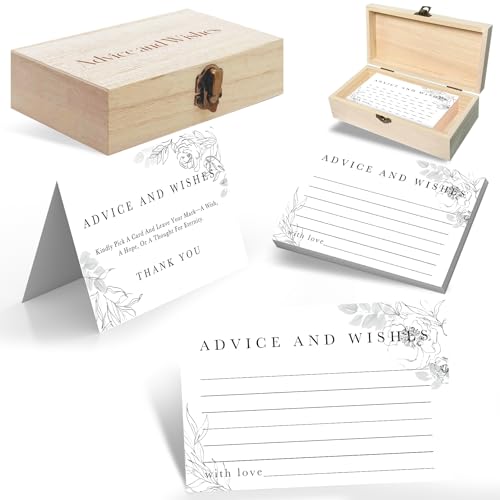 Advice & Wishes Cards Box - Elegant Floral Keepsake for Wedding, Baby Shower, Retirement - 60 Cards + Wooden Box & Stand - color: WHITE FLORAL