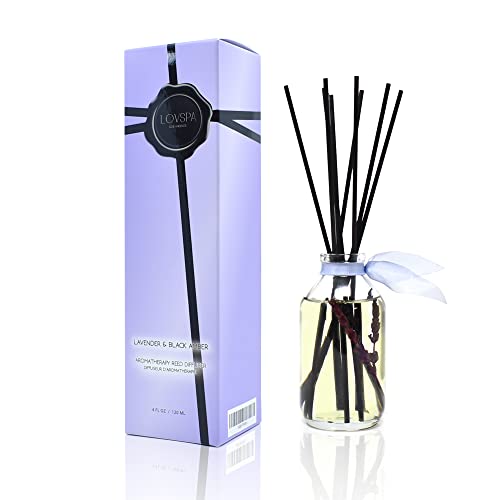 Reed Diffuser Set - Lavender & Black Amber Scented Diffuser with Sticks | Home Fragrance Reed Diffuser for Bedroom, Bathroom Shelf Décor, with Real Botanicals in the Bottle - Made in the USA - color: Lavender & Black Amber