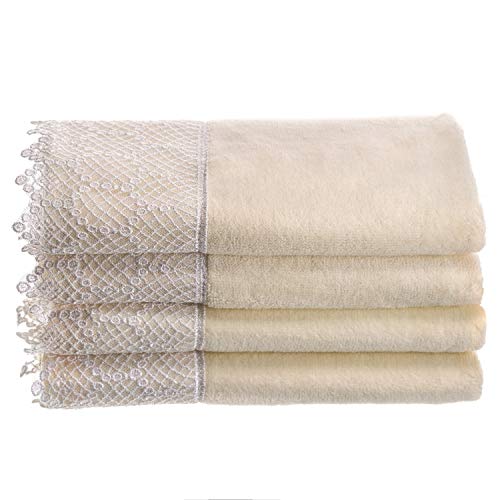 Creative Scents Fingertip Towels for Bathroom (11x18 inches) Towel Set of 4, Soft Velour Finish, Gorgeous Lace Trim, 100% Cotton, Machine Washable, Perfect for Guest Bathroom! (Cream,Ivory) - color: Ivory