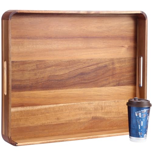Large Wooden Ottoman Tray, Great 22"x18" Rectangle Trays for Big Ottoman Counter, Huge Kitchen Wood Serving Tray Round Corner, Living Room Coffee Table Decor Centerpiece Organizer Trays - color: 22"x18" Rectangular Tray - Acacia