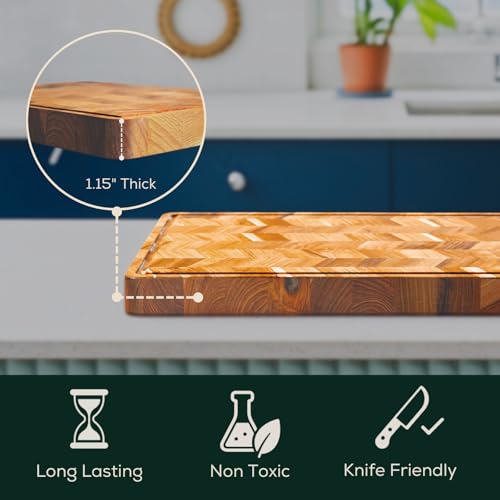 EZ FURNITURE Extra Large (XL) Teak Edge Grain Cutting Board, Reversible, Knife-Friendly Charcuterie Butcher Block, Juice Groove & Handles, Non-Toxic, Gift Box Included (Herringbone, 24" x 18" x 1.15") - color: XL - Herringbone 1.2, size: 24"L x 18"W