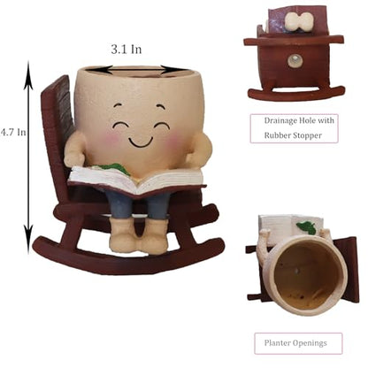 Dolkgy Cute Plant Pots Head Planters, Funny Rocking Chair Reading Book Planter Cactus Face Pot with Drainage Hole for Indoor Outdoor Plants, Unique Plant Lover Gifts - color: Khaki