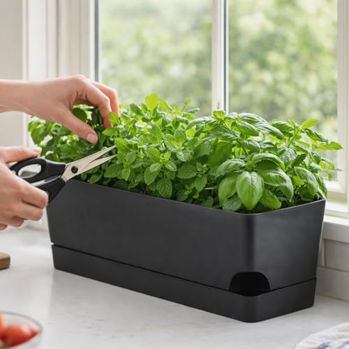 Party Zealot Self Watering Pots for Indoor Plants, 3 Pack Window Boxes Planters 17 Inch Rectangular Planter Rectangle Flower Pots Long Plant Pot Large Window Sill Herb Planter Box, Black - color: Black