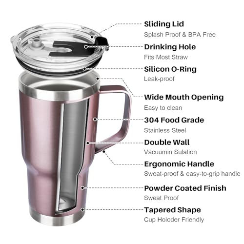 20 oz Tumbler with Handle, Stainless Steel Insulated Tumbler with Lid and Straw, Double Wall Vacuum Coffee Mug Tumbler, Insulated Coffee Thermal Cup for Cold and Hot (Rose gold) - color: Rose Gold, size: 20 Ounces
