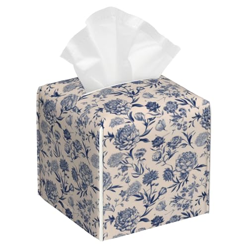 Tissue Box Cover Square, Vintage Blue Floral Leather Tissue Box Cover Decorative Facial Paper Organizer Dispenser for Bathroom Kitchen Bedroom Vanity Countertop Night Stands - color: Color5