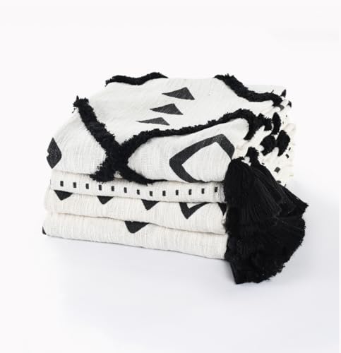 HomeRoots 50" X 60" Black and White Woven Cotton Chevron Throw Blanket with Tassels