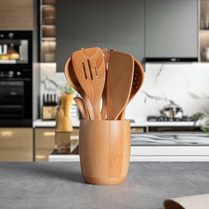 11 PCS WOSPONFAN Kitchen Utensils Set - Wooden Spoons for Cooking, Natural Beech Wood Wooden Utensils - Includes Wooden Spoons, Spatula Set, Slotted Spoon - Handmade Wooden Spoon Set | Heat Resistant, Non-Scratch, Safe for Nonstick Pan, Easy to Clean, Dai