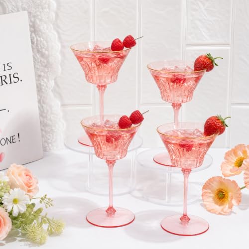 12 Pcs Plastic Martini Glasses with Gold Rim 4.5 Oz Reusable Acrylic Coupe Cocktail Glasses Removable Champagne Dessert Cups for Margaritas Mimosa Weddings Parties Birthday Celebrations (12, pink) - color: Pink