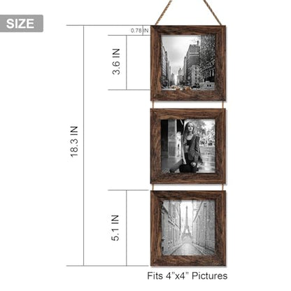 4X4 Picture Frame, Wall Hanging Picture Frames Collage with 3 Opening Frames Distress Rustic Brown - color: Brown, size: 4x4