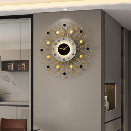 Large Gold Starburst Wall Clcok with Light for Living Room Decor | 24 Inch Big Luxury Decorative Wall Clock Battery Operated Non Ticking Silent Modern Luminous Clock for Kitchen Office Home - style: Modern