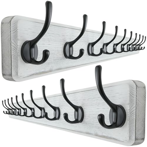 Wall Mounted Coat Rack: 38-1/4" Long, Patented, Heavy-Duty, 10-Double-Hooks Wooden Hanger Rail for Winter Coats, Hat, Jacket, Clothing - White & Black, Pack of 2 - color: White & Black, size: L=38.3"(2pcs)
