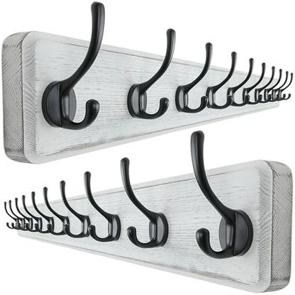 Wall Mounted Coat Rack: 38-1/4" Long, Patented, Heavy-Duty, 10-Double-Hooks Wooden Hanger Rail for Winter Coats, Hat, Jacket, Clothing - White & Black, Pack of 2 - color: White & Black, size: L=38.3"(2pcs)