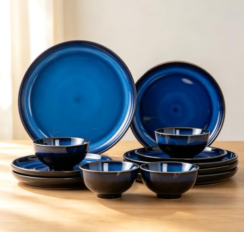4-piece set, ceramic, natural active glaze plate and bowl set, microwave and dishwasher compatible tableware set, shatterproof and scratch resistant dinner set, irregular edge design, blue - color: style - 8