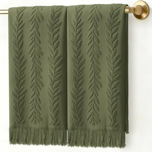 JarThenaAMCS 2Pcs Olive Green Leaves Hand Towels with Tassel 3D Jacquard Cotton Bath Towel Farmhouse Decorative Dish Towel for Home Bathroom Kitchen Decor - color: Olive Green
