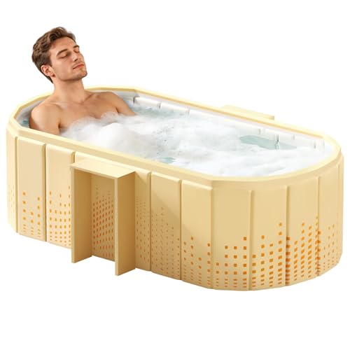 Portable Bathtub, Foldable Bathtub w/Side Rack, 59x21.6x19.6", Yellow | Inflatable Bathtub Free Standing Tub with 2 Drain Ports, Space Saving, Hot Tub, Ice Bath Tub, Indoor Outdoor - color: Yellow | Mode 2 | ‎‎59" x 21.6" x 19.6"