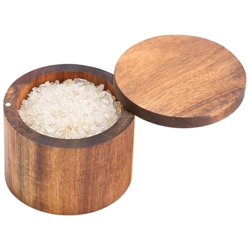 Acacia Salt Cellar, Wood Salt Box With Swivel Cover, Spice Keeper, Wood Jar For Kitchen, Perfect For Keeping Table Salt, Gourmet Salts, Herbs or Favorite Seasonings - color: Brown