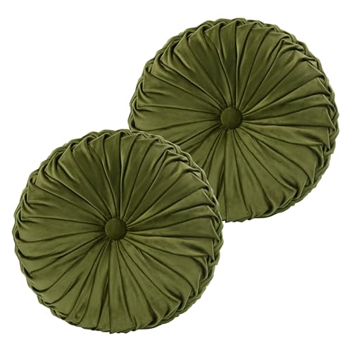 HIG Set of 2 Olive Velvet Decorative Round Pleated Throw Pillows | Vintage Floor Pillows, Classy Accent Pumpkin with Center Button, for Sofa Couch Vanity Chair Bed, 14.5" Diameter - color: Olive