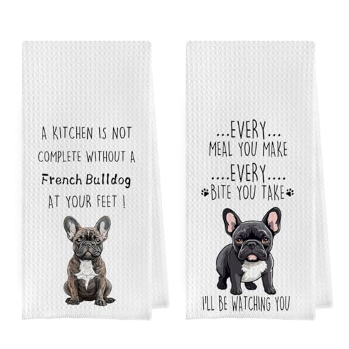 French Bulldog Dish Towels Set - Funny Frenchie Waffle Weave Kitchen Towels, French Bulldog Decorative Hand Tea Towels for Bathroom Kitchen (16×24 Inches Set of 2) - color: French Bulldog