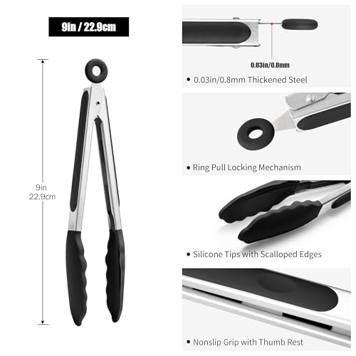 Doosu 9in Kitchen Tong for Cooking - 600°F Heat Resistant Food Tong with Non-Scratch Silicone Tips & 4-Piece Silicone Spatula Set Kitchen BPA Free Food Grade Baking Supplies Cooking Tools (Black)